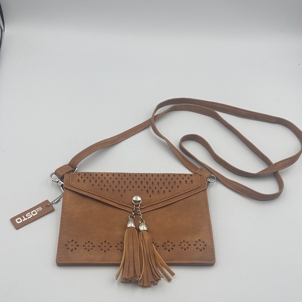 seOSTO Tan Crossbody Bag with Floral Cutouts